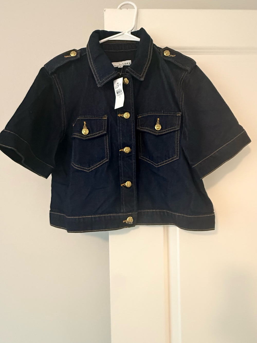 LOFT Black Short-Sleeve Jean Jacket with Gold Buttons - Picture 9 of 14